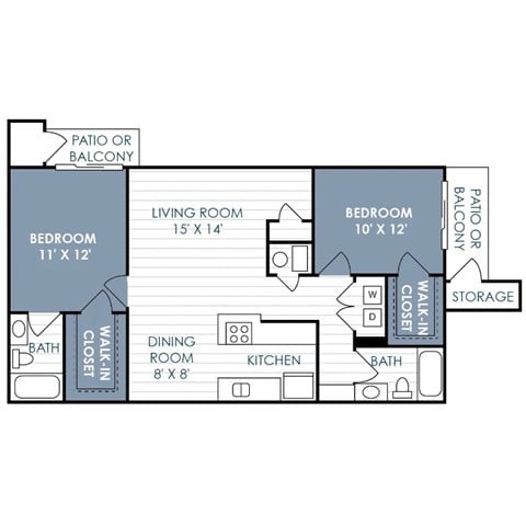 Floor plan for 2 beds, 2 baths, 955 sqft